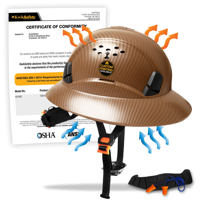 KwikSafety BROWN CARBON Hard Hat (16 COOLING VENTS + FREE Extra Headband & Earplugs) Type 1 Class C ANSI Tested OSHA Compliant - Model No.: KS1602BRN - KwikSafety