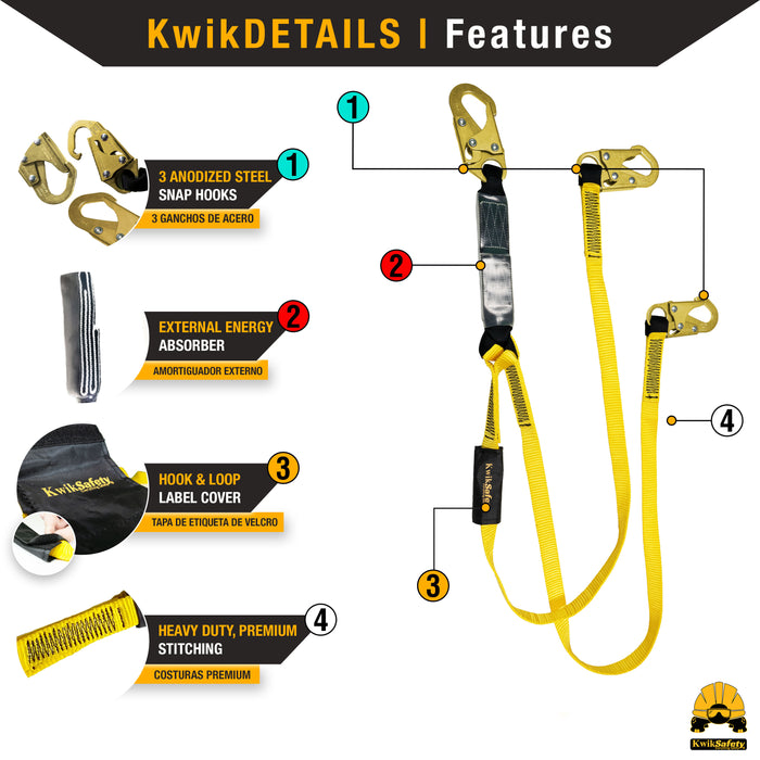 KwikSafety DOUBLE LEG TAIPAN Flat 6’ Safety Lanyard with External Shock Absorber Fall Protection Device ANSI OSHA - Model No.: KS7706 - KwikSafety