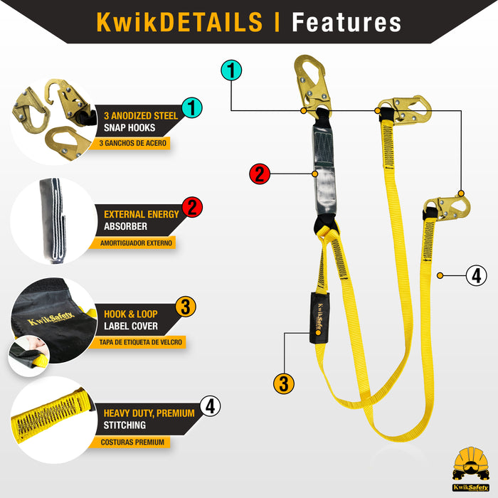 KwikSafety DOUBLE LEG TAIPAN Flat 6’ Safety Lanyard with External Shock Absorber Fall Protection Device ANSI OSHA - Model No.: KS7706 - KwikSafety