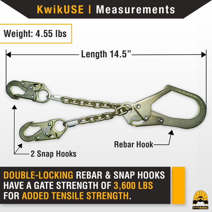 KwikSafety REBAR ROMEO Rebar Chain Assembly (SELF-LOCKING HOOKS) ANSI OSHA Lightweight Steel Positioning Safety Lanyard - Model No.: KS7708 - KwikSafety