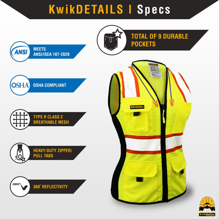 KwikSafety FIRST LADY Safety Vest for Women (Solid Reflective Tape) Class 2 ANSI Tested OSHA Compliant Hi Vis Reflective PPE Surveyor - Model No.: KS3319 - KwikSafety