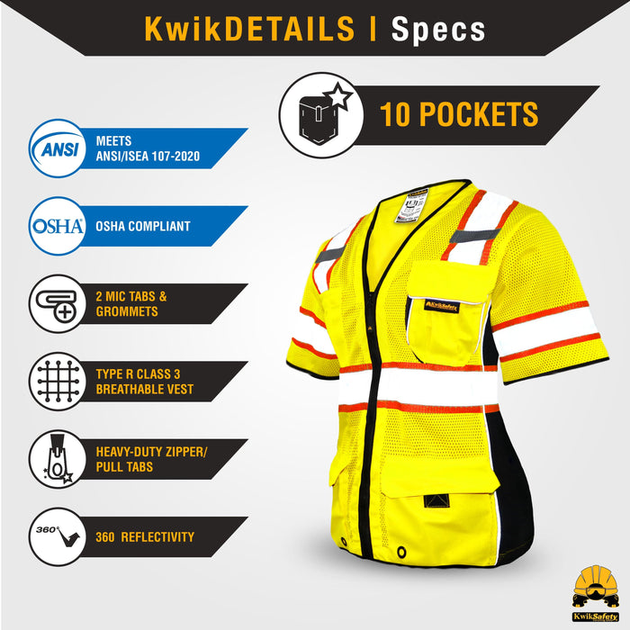 KwikSafety DUCHESS Safety Vest for Women [10 POCKETS] Class 3 ANSI Tested OSHA Compliant Hi Vis Mesh Slim Fit Work Gear - Model No.: KS3335 - KwikSafety