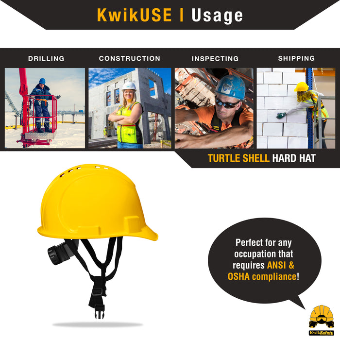KwikSafety YELLOW TURTLE SHELL Hard Hat (10 COOLING VENTS) Type 1 Class C ANSI Tested OSHA Compliant Standard Cap Style PPE - Model No.: KS1601 - KwikSafety