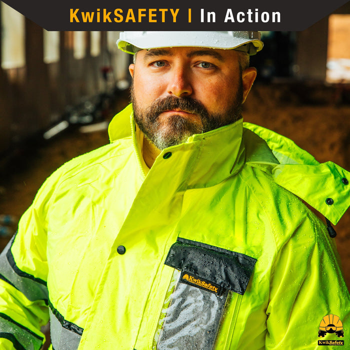 KwikSafety TORRENT High Visibility Rain Gear (FOLDABLE HOOD) Class 3 ANSI Tested OSHA Compliant Hi Vis Trench Coat Reflective PPE - Model No.: KS5506 - KwikSafety