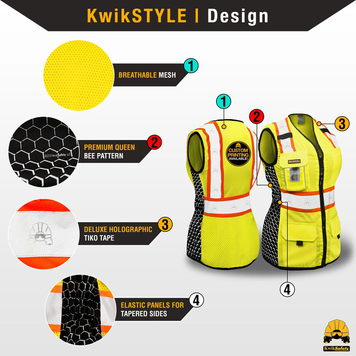 KwikSafety QUEEN BEE (Limited Edition Honeycomb Design) Hi Vis Reflective Safety Vest for Women - Model No.: KS3319TQ - KwikSafety: pink red blue purple white safty saftey hazard constrution standard woman womens chalecos para mujer trabjo surveyor chamarras run rad ians running pack reflectantes trabajo worker xsmall colored jk fr sal vus sleeve salz plus aafety hyco peer basic hot comstruction jacket