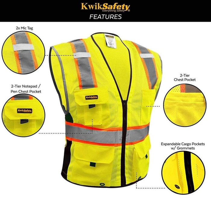 CLEARANCE! KwikSafety BIG KAHUNA Hi Vis Reflective ANSI PPE Surveyor Class 2 Safety Vest- Model No.: KS3301 - KwikSafety