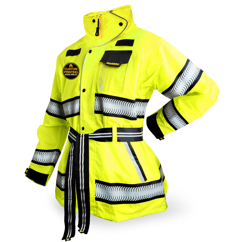 high visibility rain gear KwikSafety Women's TORRENT Safety Rain Jacket for Women (w/ BELT) Class 3, Type R Hi Vis Windproof Work Rain Gear Reflective ANSI Tested OSHA
