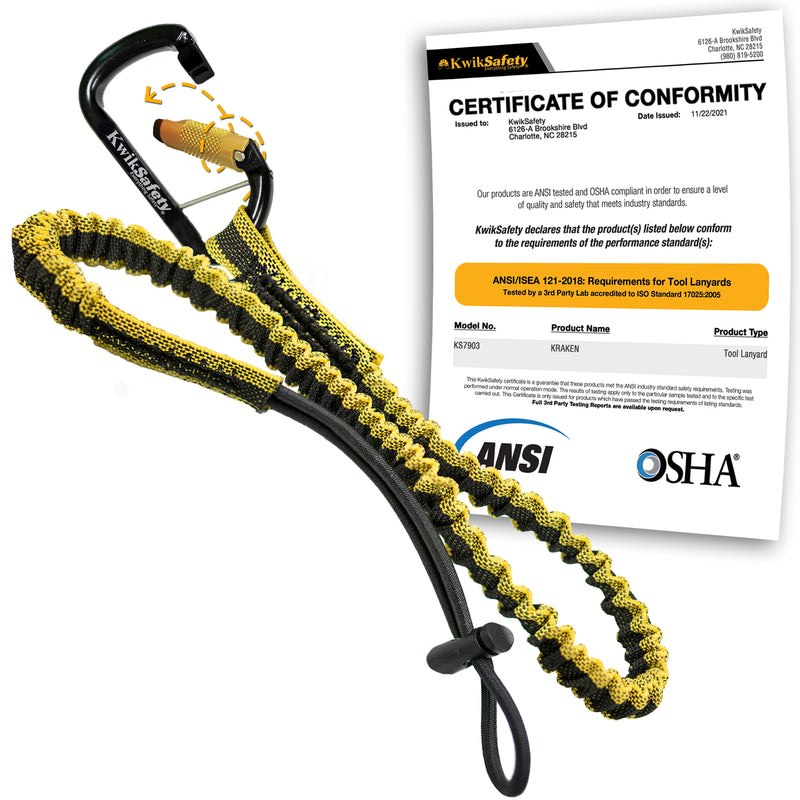 KwikSafety KRAKEN Heavy Duty ANSI Tested OSHA Compliant Bungee Tool Lanyard w/ Carabiner Clip - Model No.:KS7903 - KwikSafety