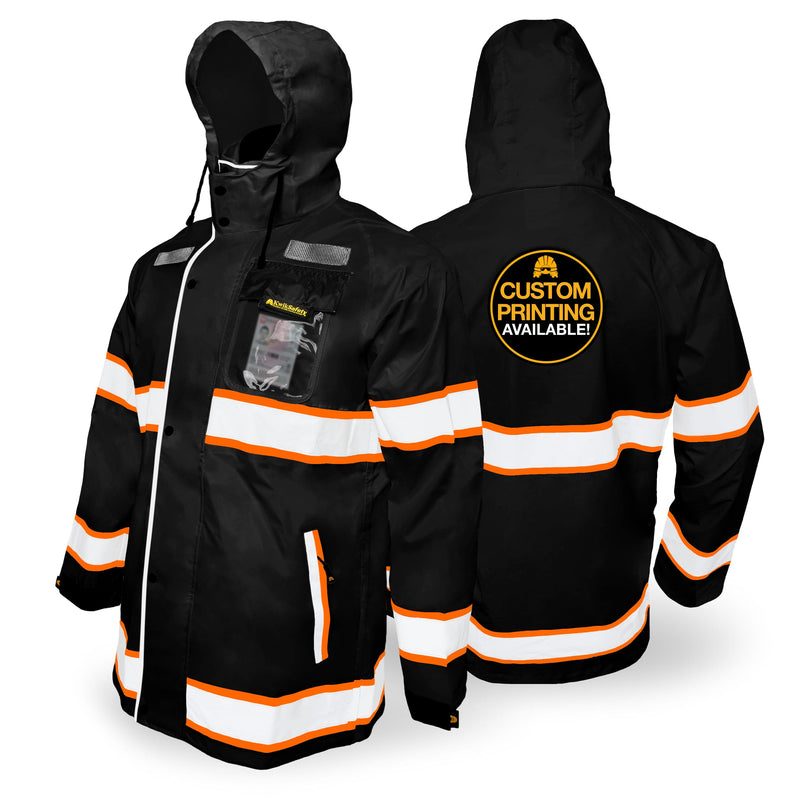 hiking rain jacket that folds into a small bag KwikSafety TORRENT Safety Rain Jacket (FOLDABLE HOOD) Hi Vis Coat Reflective PPE