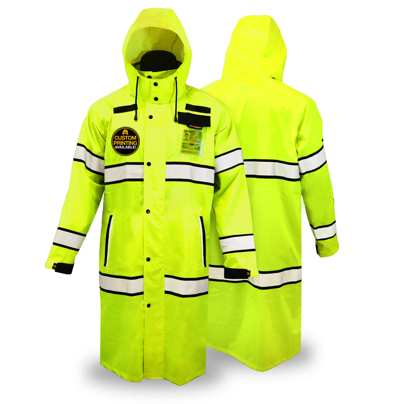 KwikSafety TORRENT High Visibility Rain Gear (FOLDABLE HOOD) Class 3, Type R ANSI Tested OSHA Compliant Hi Vis Trench Coat Reflective PPE - Model No.: KS5506 - KwikSafety