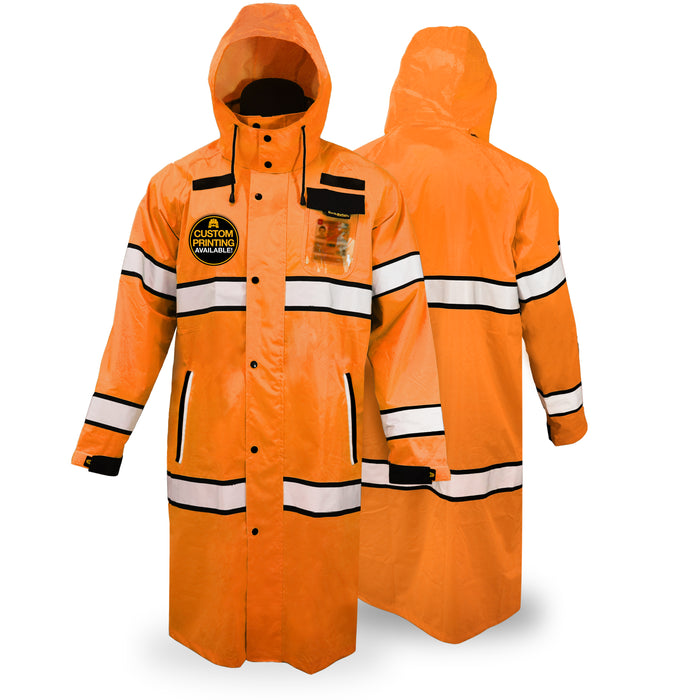 KwikSafety TORRENT High Visibility Rain Gear (FOLDABLE HOOD) Class 3, Type R ANSI Tested OSHA Compliant Hi Vis Trench Coat Reflective PPE - Model No.: KS5506 - KwikSafety