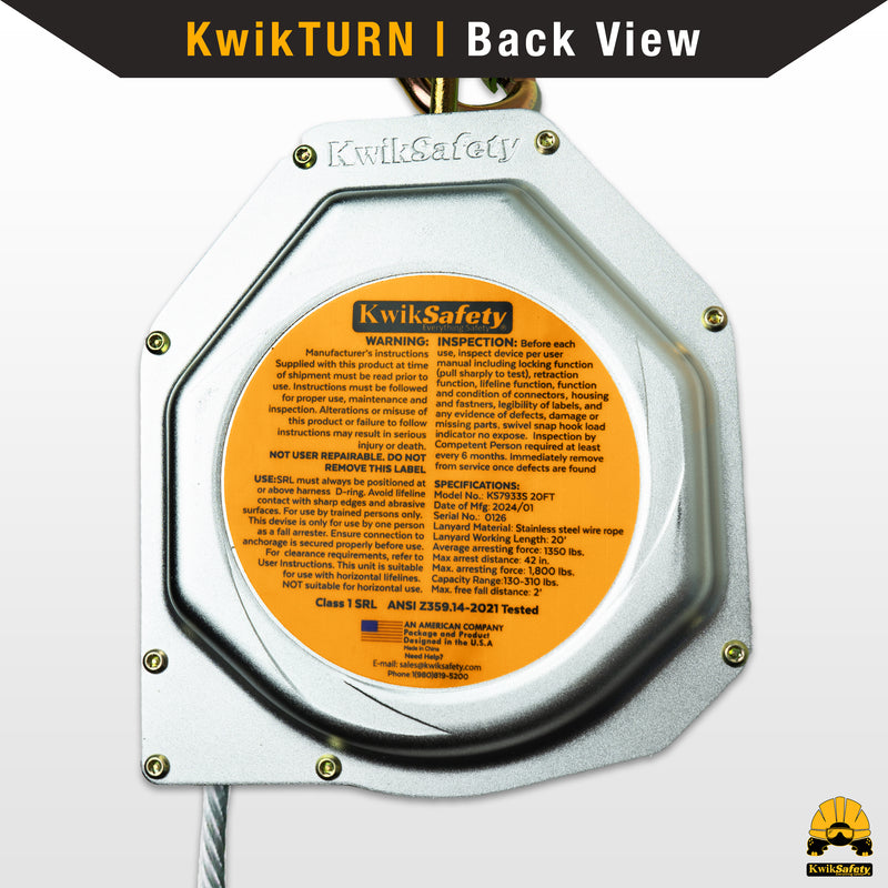 KwikSafety 20' COBRA CABLE Self Retracting Lifeline ANSI Class 1 SRL - Model No.: KS7933 - KwikSafety