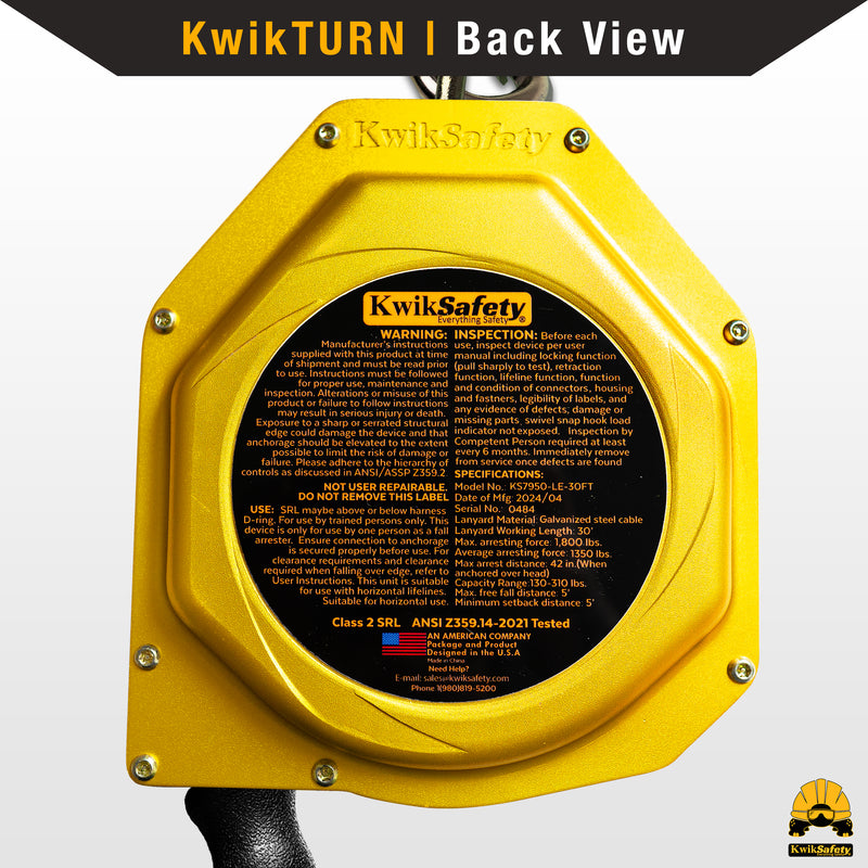 KwikSafety 30' LE COBRA CABLE Leading Edge Self Retracting Lifeline ANSI Class 2 SRL-LE - Model No.: KS7950 - KwikSafety