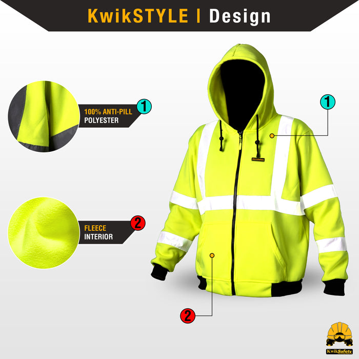 KwikSafety PATROL Safety Hoodie (NO FUZZ Balls) Class 3 ANSI Tested OSHA Compliant Hi Vis Reflective PPE - Model No.: KS5503
