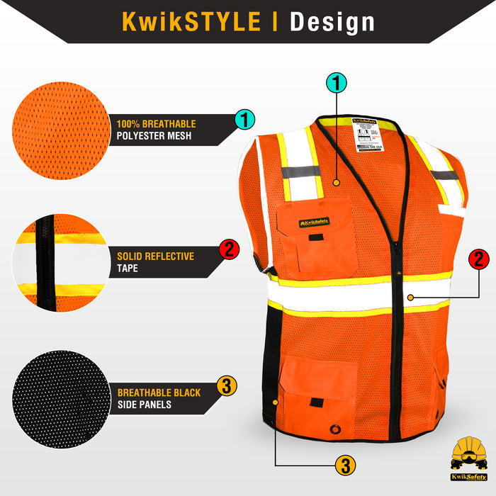KwikSafety BIG KAHUNA Safety Vest (11 Pockets) Class 2 ANSI Tested OSHA Compliant Hi Vis Reflective PPE Surveyor - Model No.: KS3301
