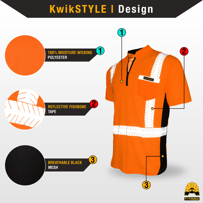 KwikSafety ENGINEER Safety Shirt (Y-NECK ZIPPER) Class 2 Short Sleeve ANSI Tested OSHA Compliant Hi Vis Reflective PPE - Model No.: KS4408