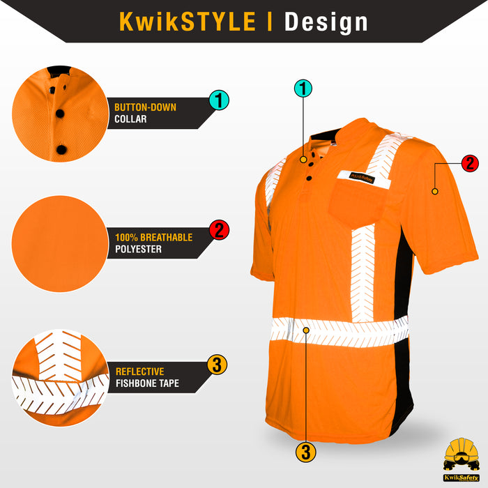 KwikSafety ESTIMATOR Safety Shirt (Y-NECK BUTTON UP) Class 2 Short Sleeve ANSI Tested OSHA Compliant Hi Vis Reflective PPE - Model No.: KS4407