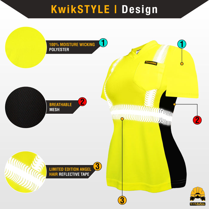 KwikSafety VIXEN Safety Shirt for Women (ANGEL HAIR TAPE) Class 2 Short Sleeve ANSI OSHA High Visibility Work Hi Vis Clothing - Model No.: KS4410 - KwikSafety