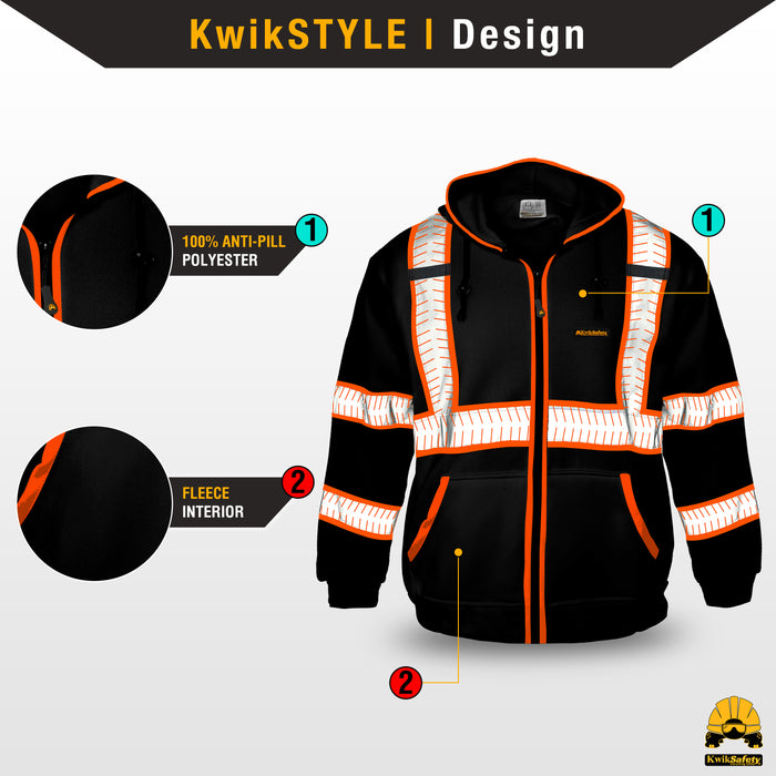 KwikSafety BLACK PATROL Safety Hoodie (NO FUZZ Balls) Hi Vis Reflective PPE - Model No.: KS5503BLK - KwikSafety