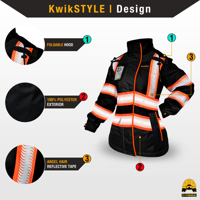 KwikSafety BOMBSHELL Safety Bomber Jacket for Women Reflective Construction PPE - Black - Model No.: KS5523-BLK - KwikSafety