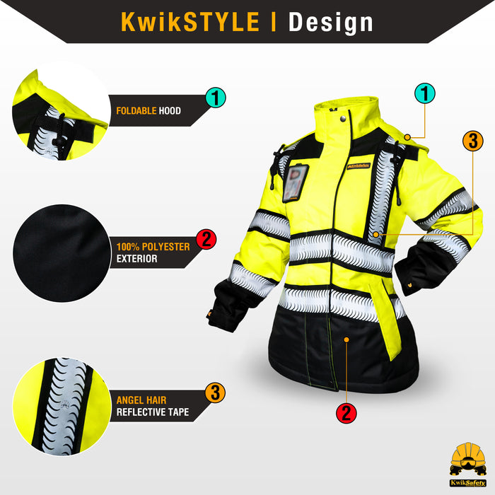 KwikSafety BOMBSHELL Safety Bomber Jacket for Women Class 3 ANSI OSHA Reflective Fleece Hi Viz - Yellow - Model No.: KS5523 - KwikSafety