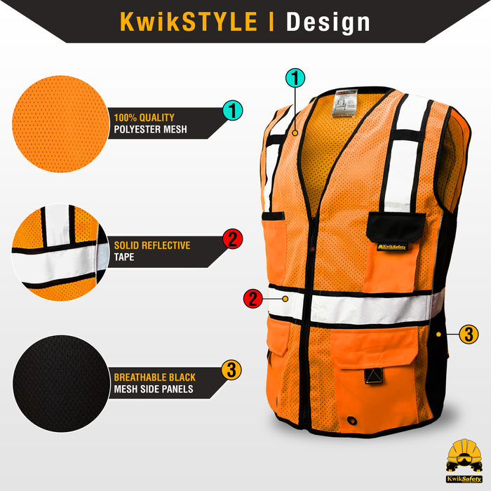 KwikSafety ROADBOSS ECONOMY Safety Vest (Solid Reflective Tape) Class 2 ANSI Tested OSHA Compliant Hi Vis Reflective PPE Surveyor - Model No.: KS3331