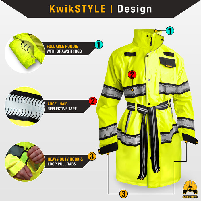 KwikSafety Women's TORRENT TRENCH High Visibility Rain Gear for Women (w/ BELT) Class 3, Type R ANSI Tested OSHA Compliant Hi Vis Reflective PPE - Model No.: KS5524