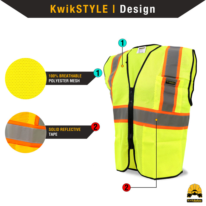 KwikSafety HOT SHOT Hi Vis Reflective ANSI PPE Construction Class 2 Safety Vest