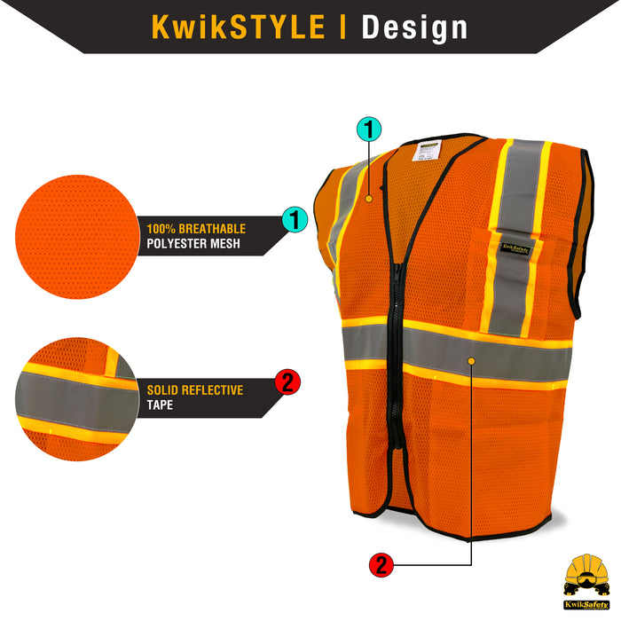 KwikSafety HOT SHOT Hi Vis Reflective ANSI PPE Construction Class 2 Safety Vest