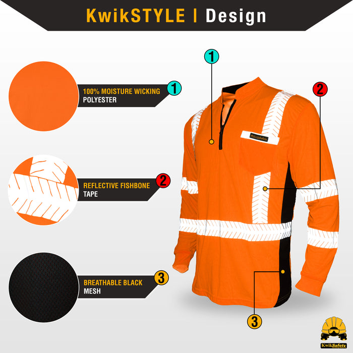 KwikSafety ENGINEER Safety Shirt (Y-NECK ZIPPER) Class 3 Long Sleeve ANSI Tested OSHA Compliant Hi Vis Reflective PPE - Model No.: KS4408