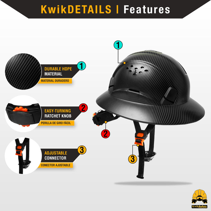 KwikSafety CARBON Hard Hat (16 COOLING VENTS + FREE Extra Headband & Earplugs) Type 1 Class C ANSI Tested OSHA Compliant - Model No.: KS1602BRN-BLK - KwikSafety