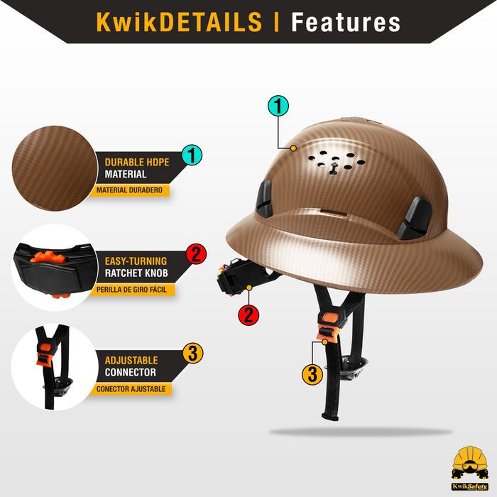 KwikSafety BROWN CARBON Hard Hat (16 COOLING VENTS + FREE Extra Headband & Earplugs) Type 1 Class C ANSI Tested OSHA Compliant - Model No.: KS1602BRN - KwikSafety