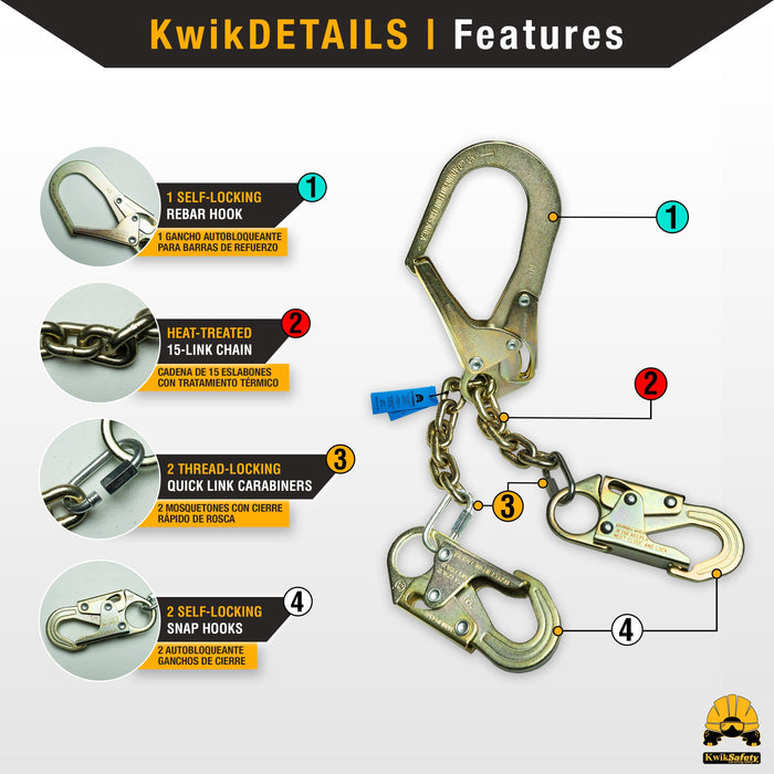 KwikSafety Rebar Romeo Rebar Chain Assembly (Self-Locking Hooks) ANSI Osha Lightweight Steel Positioning Safety Lanyard - Model No.: KS7708