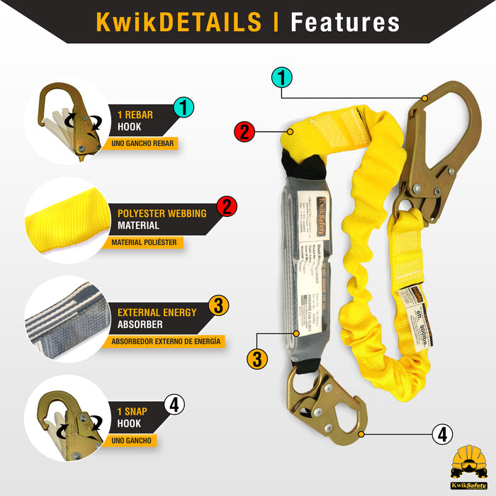 KwikSafety BOA 6' ANSI 1 Leg Fall Protection Safety Lanyard with Shock Absorber - Model No.: KS7701 - KwikSafety