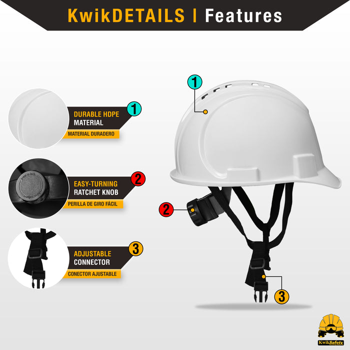 KwikSafety WHITE TURTLE SHELL Hard Hat (10 COOLING VENTS) Type 1 Class C ANSI Tested OSHA Compliant Standard Cap Style PPE - Model No.: KS1601 - KwikSafety