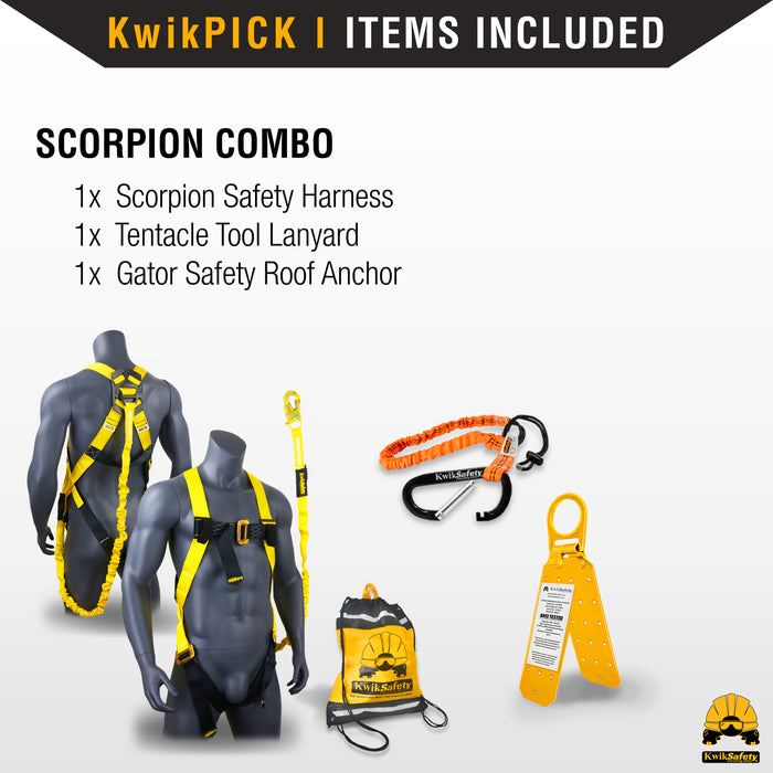 KwikSafety SCORPION ANSI Fall Protection Safety Harness w/ Attached 6ft Lanyard - Model No.: KS6604