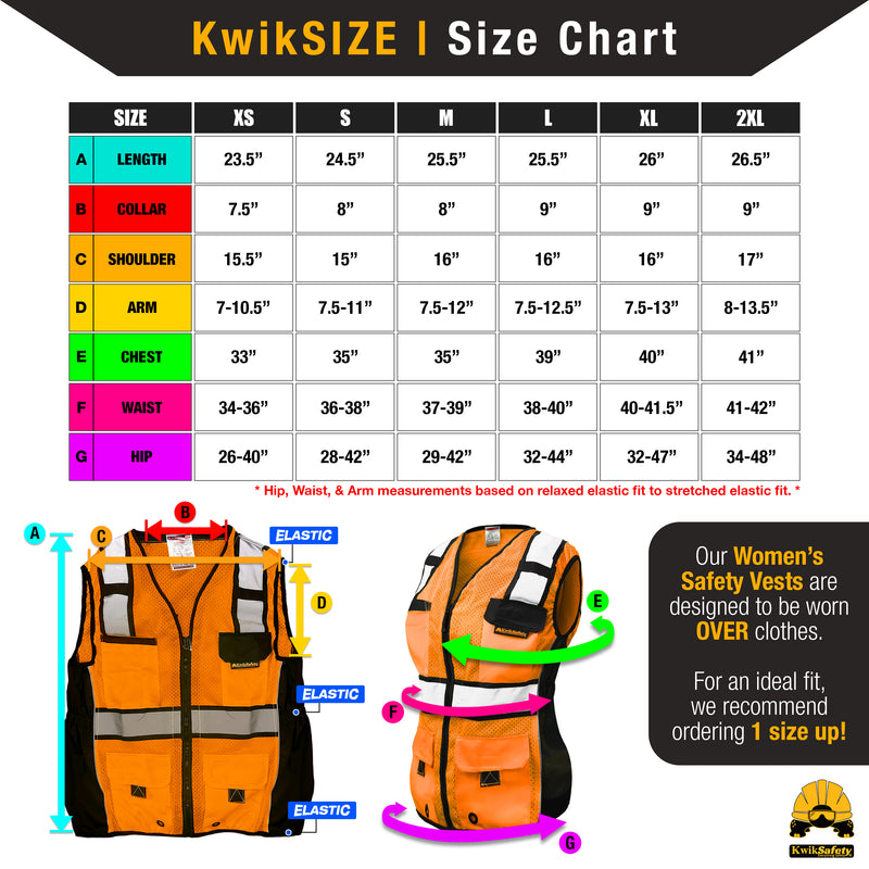 KwikSafety | Roadboss Economy Safety Vest for Women | Size Chart