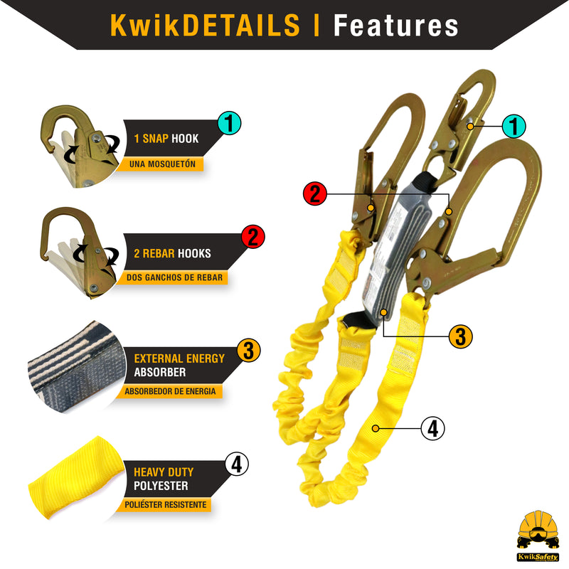 Python Fall Protection Tools KwikSafety PYTHON 6' Double-Leg Safety Lanyard w/ Shock Absorber Fall