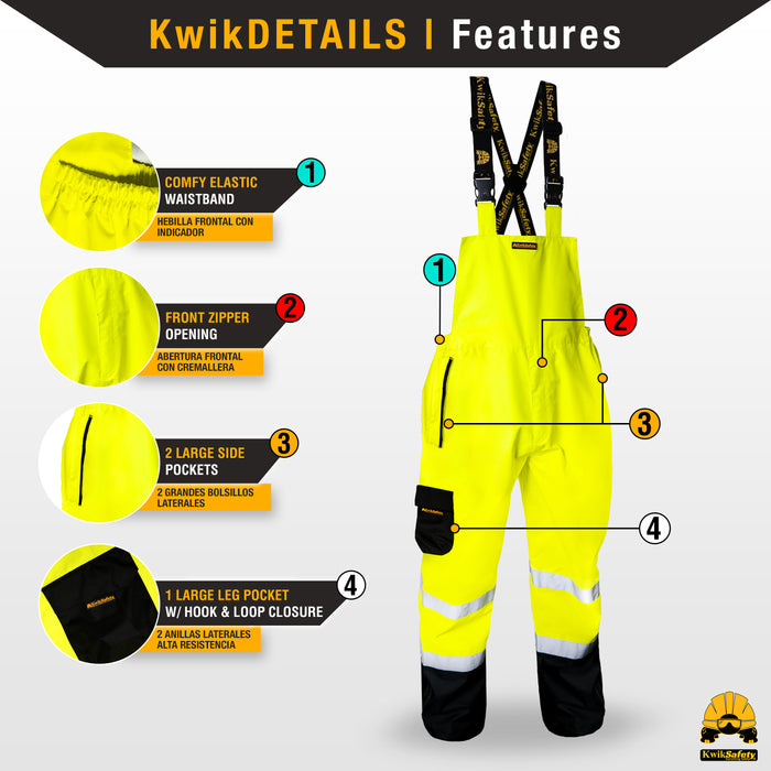 KwikSafety RIVER OTTER Rain Bib (REGULAR) Reflective Safety Rain Gear Heavy Duty ANSI OSHA Waterproof Fishing, Snow & Work Overalls - Model No.: KS9921 - KwikSafety