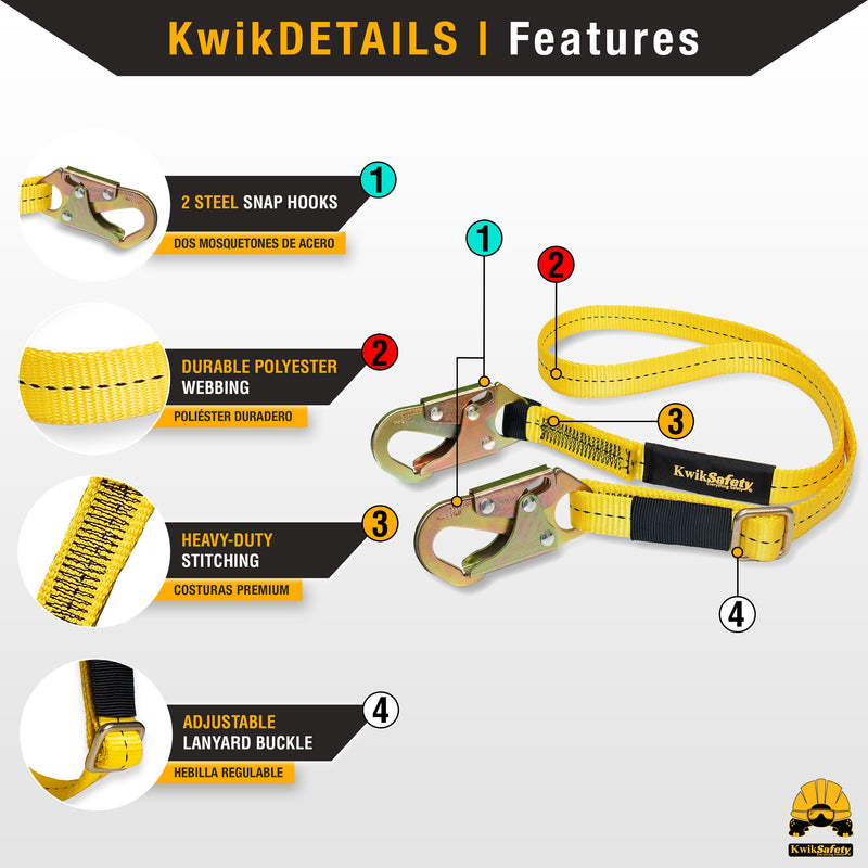 KwikSafety COPPERHEAD Single Leg 4' to 6' Adjustable Safety Lanyard No Shock Absorber - Model No.: KS7707 - KwikSafety