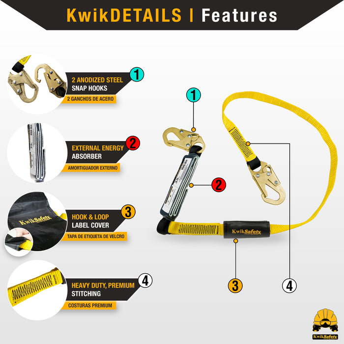 KwikSafety TAIPAN Flat 6’ Single-Leg Safety Lanyard with External Shock Absorber Fall Protection Device ANSI OSHA - Model No.: KS7705 - KwikSafety