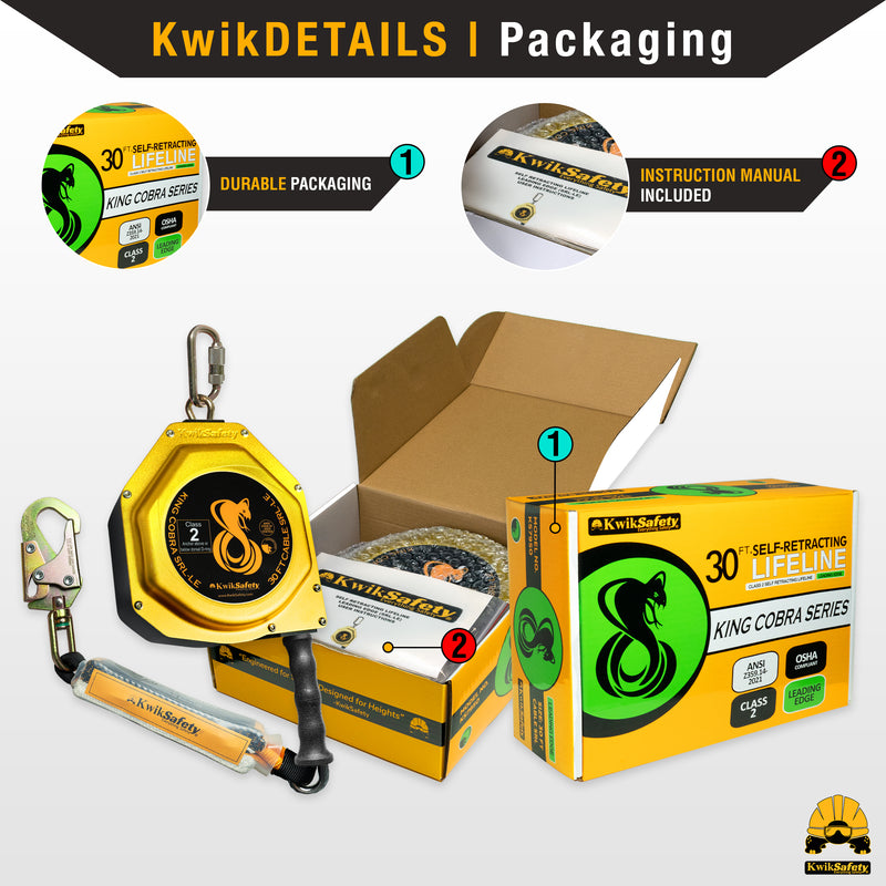 KwikSafety 30' LE COBRA CABLE Leading Edge Self Retracting Lifeline ANSI Class 2 SRL-LE - Model No.: KS7950 - KwikSafety