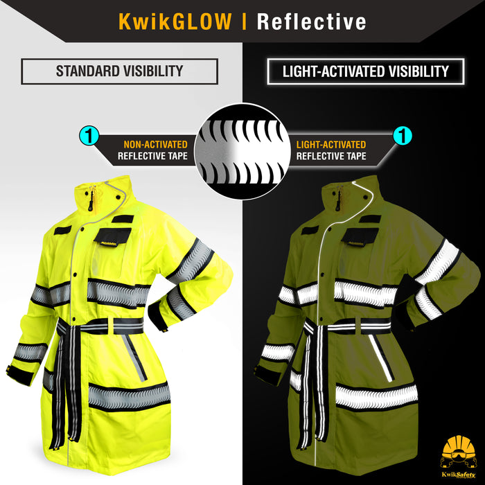 KwikSafety Women's TORRENT TRENCH High Visibility Rain Gear for Women (w/ BELT) Class 3, Type R ANSI Tested OSHA Compliant Hi Vis Reflective PPE - Model No.: KS5524