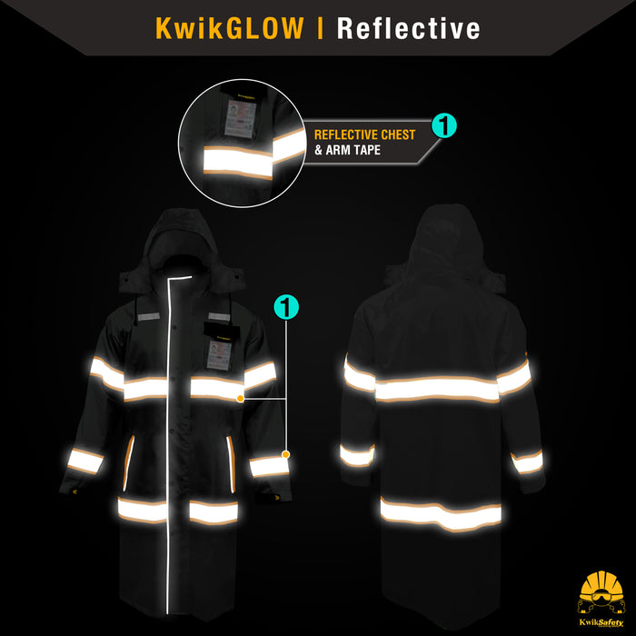 KwikSafety TORRENT High Visibility Rain Gear (FOLDABLE HOOD) Trench Coat Reflective PPE Model KS5506BLK