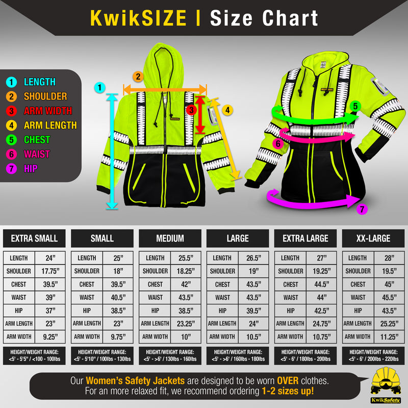 KwikSafety | Premium Rogue Hi Vis Fleece Hoodie for Women | Size Chart