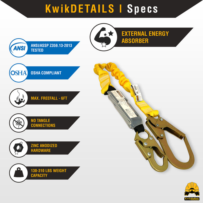 KwikSafety BOA 6' ANSI 1 Leg Fall Protection Safety Lanyard with Shock Absorber - Model No.: KS7701 - KwikSafety
