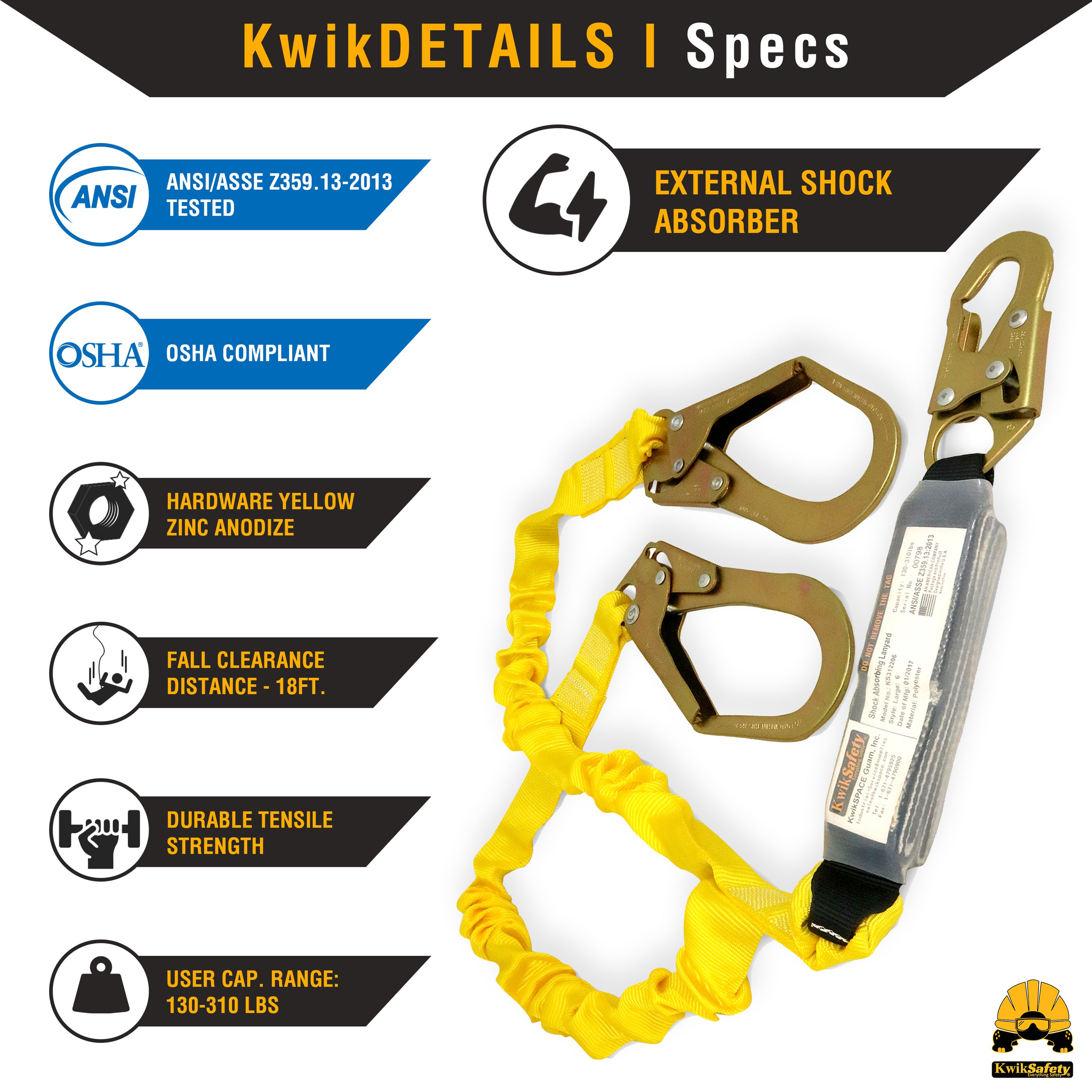 KwikSafety PYTHON 6' Double-Leg Safety Lanyard w/ Shock Absorber Fall