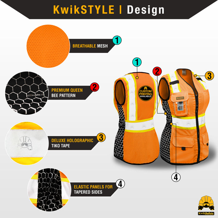 KwikSafety QUEEN BEE Safety Vest for Women (SNUG-FIT) Limited Edition Honeycomb Design | Class 2 ANSI Tested OSHA Compliant - Model No.: KS3319QB
