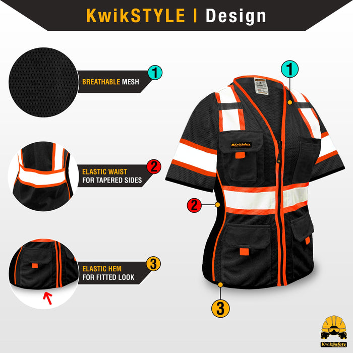 KwikSafety BLACK WIDOW Safety Vest for Women with Sleeves (SNUG-FIT) 9 Pockets Premium ANSI Class Unrated Slim Fitted Work Gear - Model No.: KS3319BWS - KwikSafety