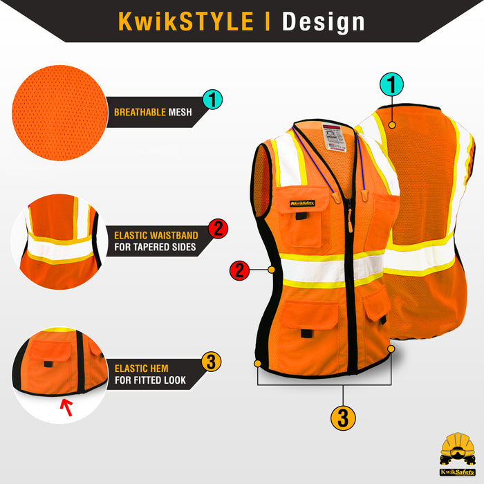 KwikSafety FIRST LADY Safety Vest for Women (SNUG-FIT) Class 2 ANSI Tested OSHA Compliant Hi Vis Reflective PPE Surveyor - Model No.: KS3319 - KwikSafety